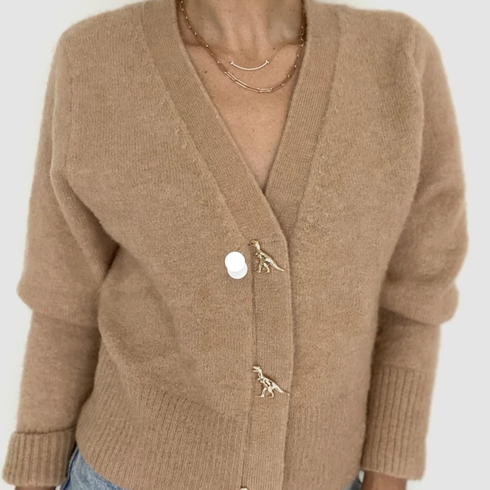 PARIS ATELIER & Other Stories Camel Knit Cardigan with Gold Dinosaur Buttons